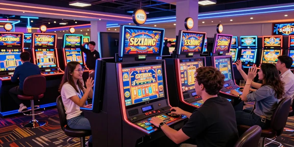 Exciting online casino environment with situs888 gacor slot machines, lively players celebrating wins, and vibrant graphics.