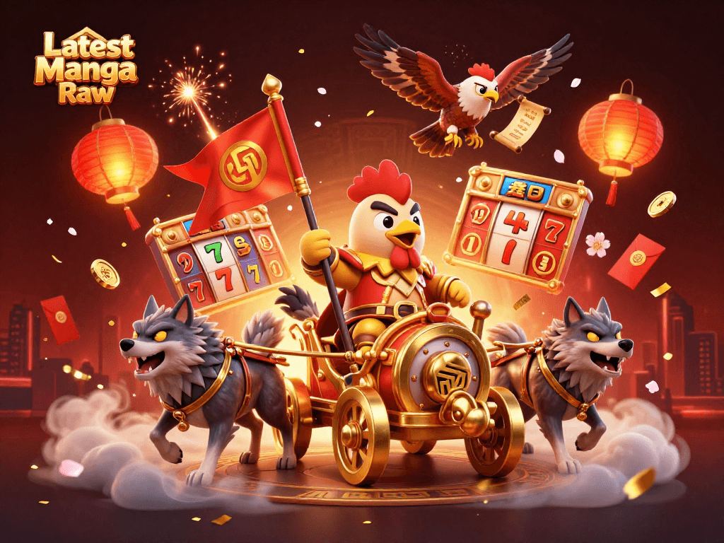 Engage with Latest Manga Raw as a cartoon rooster warlord dominates the casino-themed battle scene, rich with slot reels.