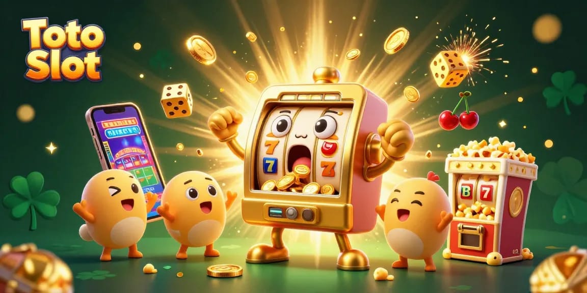 Toto Slot menghadirkan momen mengejutkan ketika mesin slot emas merayakan jackpot sambil dikelilingi koin dan simbol keberuntungan.