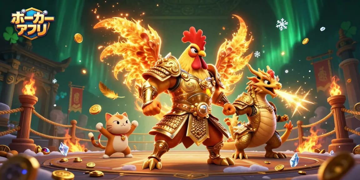 ポーカーアプリを楽しむ強力な鶏戦士とドラゴンのハッチリング、華やかな演出の中で激しいバトルを繰り広げるシーン