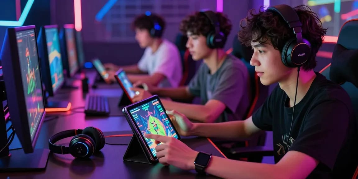 Gamer menikmati pengalaman bermain di JURAGAN77 dengan tablet dan aksesori gaming di latar belakang yang penuh warna.