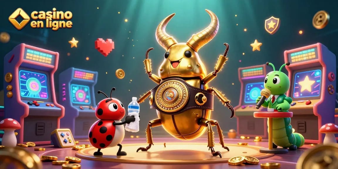Jouez à casino en ligne avec des machines à sous et des éléments colorés autour d'un insecte champion.