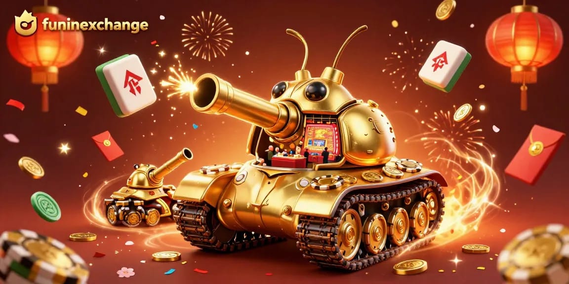 Experience the excitement of Funinexchange with a vibrant 3D casino illustration featuring a golden beetle tank and dynamic game elements.