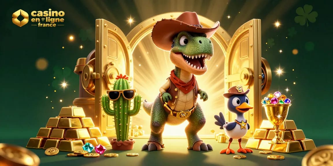 Exciting gaming scene at a casino en ligne France with cartoon characters amidst treasures and gems.