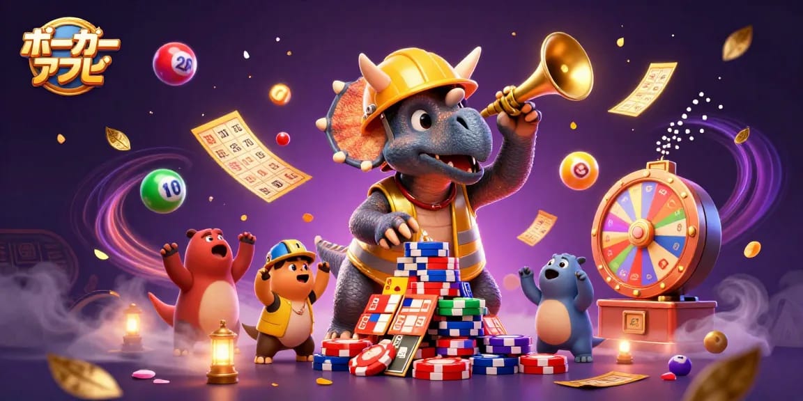 ポーカーアプリでトリケラトプスがチップのピラミッドを作るシーン。