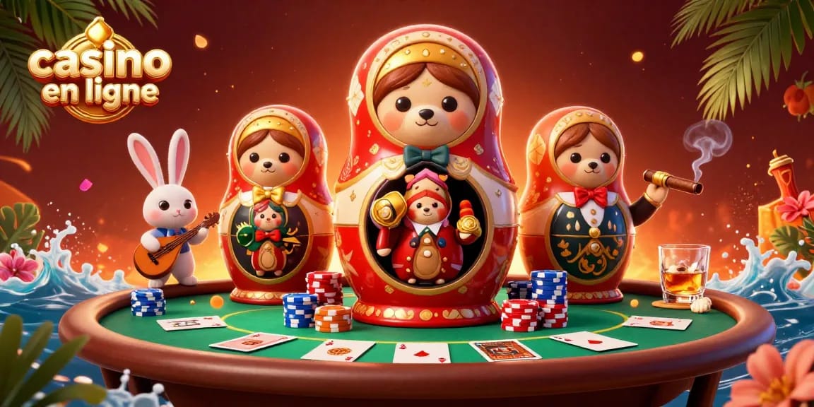 Jouez au casino en ligne avec une scène festive mettant en avant des personnages animés et des éléments de jeu.