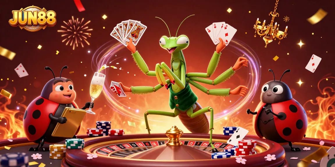 Experience excitement at JUN88 with a 3D cartoon scene of casino games highlighting dynamic gambling features.