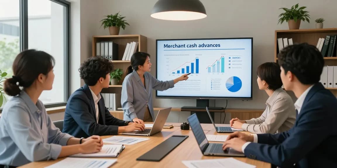 Collaborative team discussing how to get a merchant cash advance in a modern office.