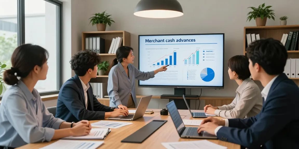 Collaborative team discussing how to get a merchant cash advance in a modern office.