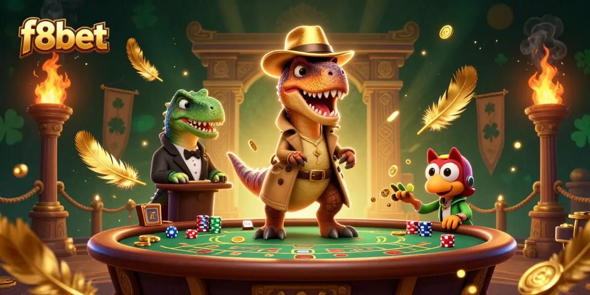 Engage in thrilling gameplay at f8bet with a sneaky velociraptor counter amidst vibrant casino action.