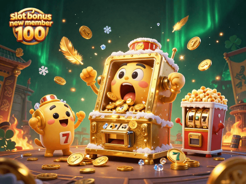 Experience thrilling wins with slot bonus new member 100 featuring a golden slot machine and vibrant casino elements.