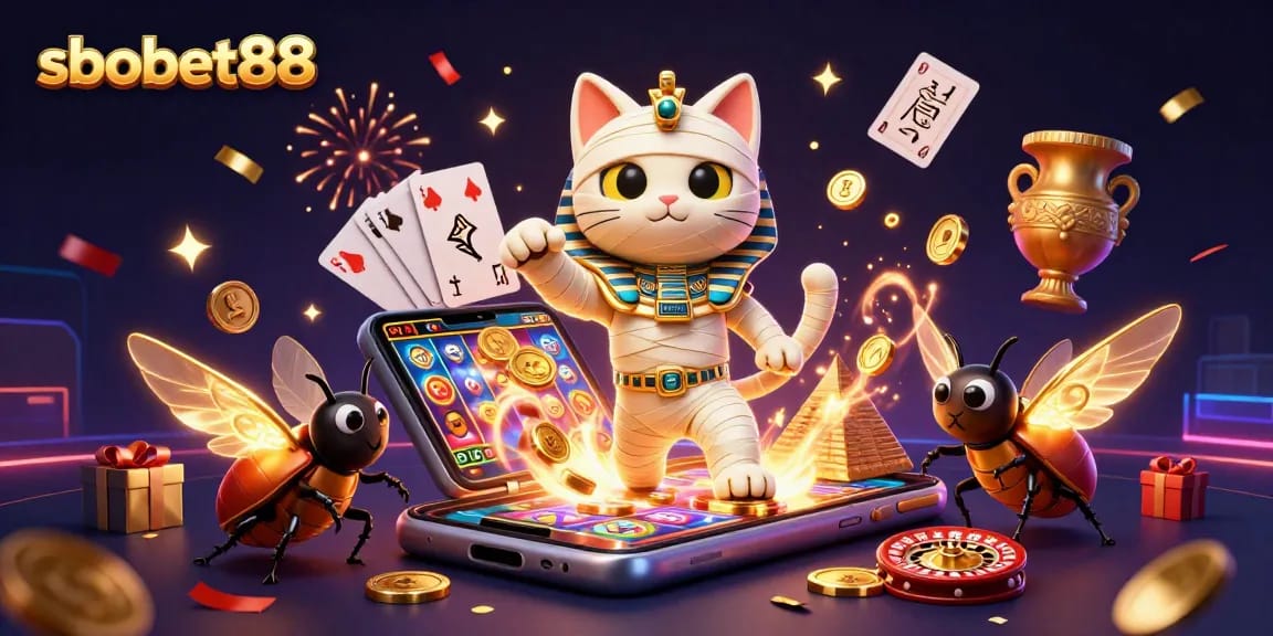 Experience thrilling gaming action with sbobet88 in an illustrated casino scene featuring exciting characters.