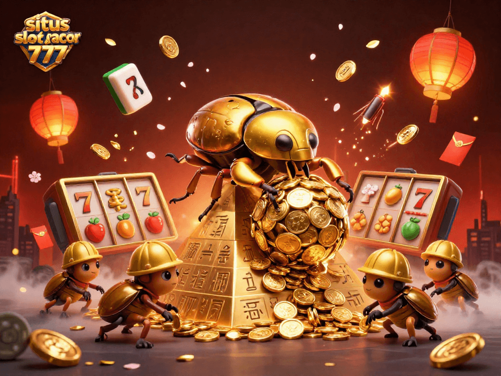 Situs slot gacor 777 showcases a golden beetle rolling coins in an animated casino scene with dynamic elements.