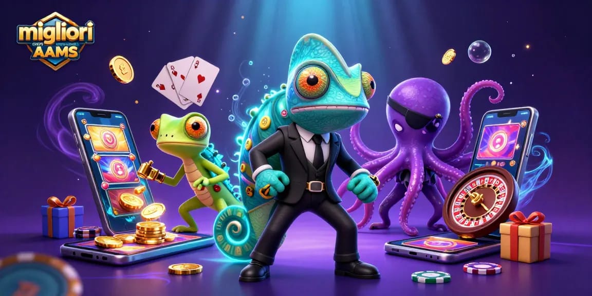 Scena immersiva che mostra i migliori casino non AAMS con un camaleonte agente segreto e gadget innovativi.