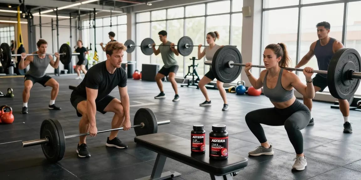 Astera Steroids Shop showcases athletes using top products in a dynamic gym setting.