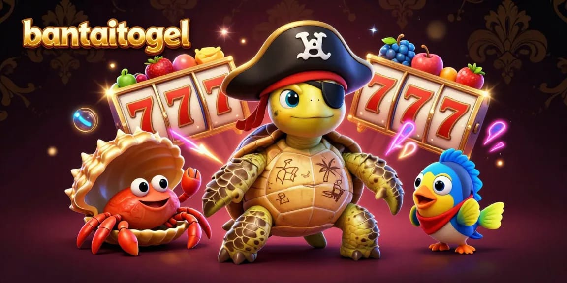Experience thrilling wins with bantaitogel's vibrant 3D gambling scene featuring a pirate turtle and slot elements.