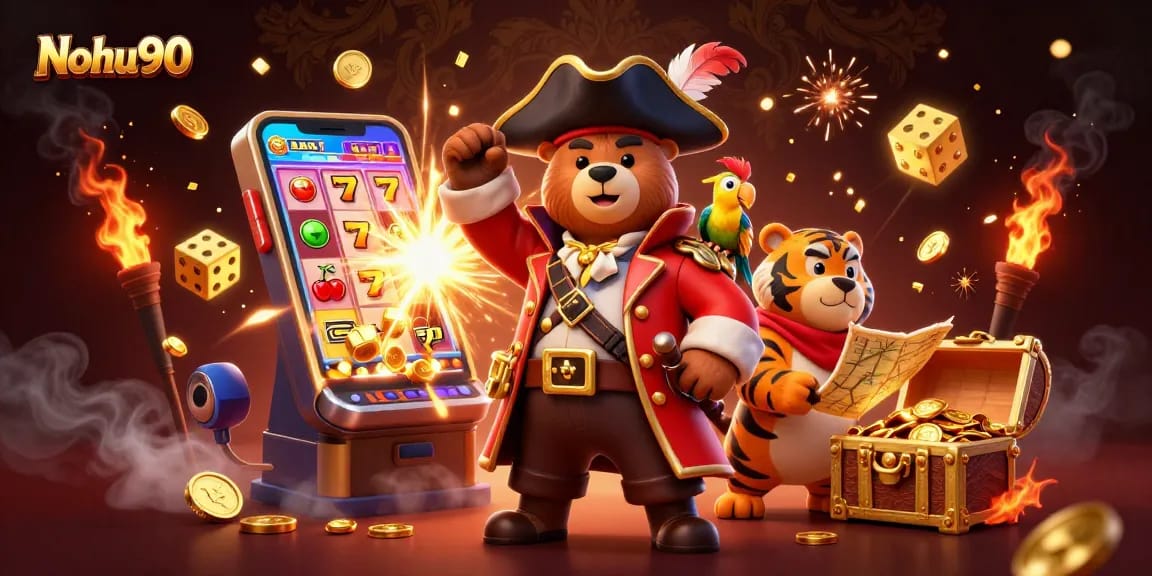 Nohu90 offers thrilling jackpot opportunities with a pirate bear, tiger, and parrot amidst exciting casino elements.