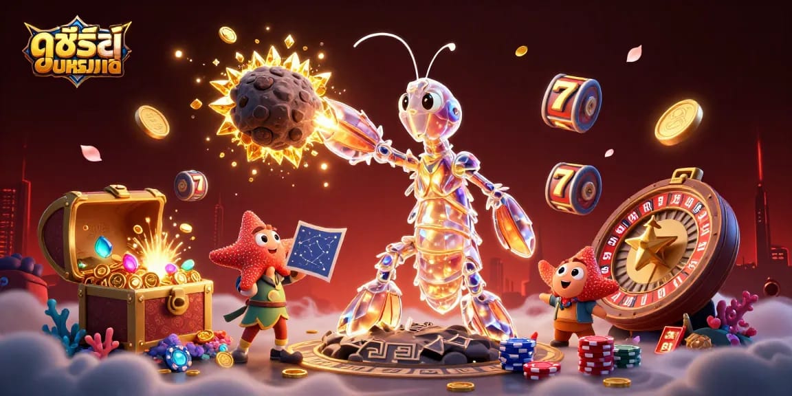 Engage with ดูซีรี่ย์ออนไลน์ featuring a galactic samurai mantis shrimp in action amidst sparkling casino elements.