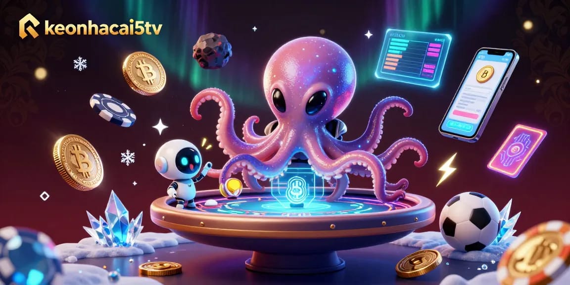 Engage with keonhacai5tv as a vibrant alien octopus plays holographic poker in a cosmic setting.