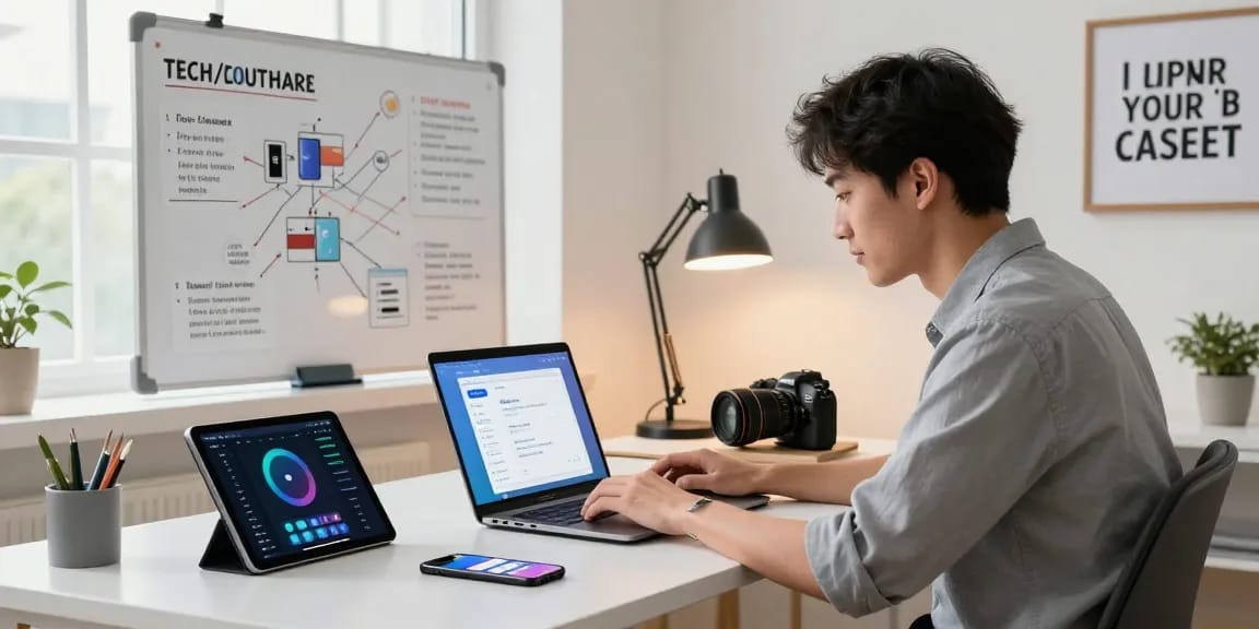 爱思助手管理iOS设备的现代办公环境,年轻专业人士专注于使用科技工具。