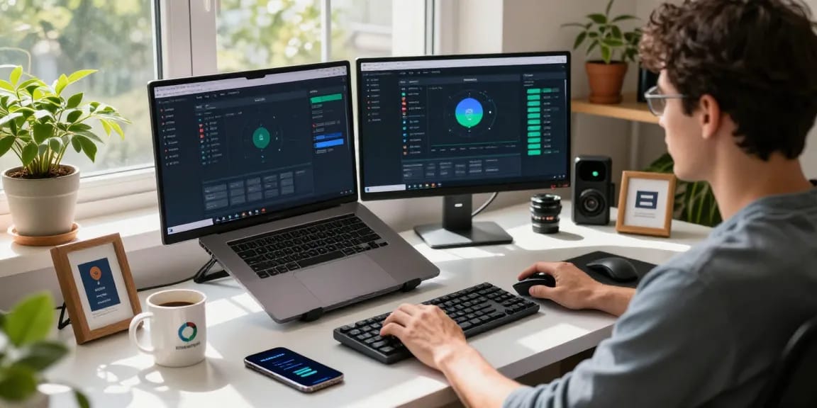 快速连接和网络安全,quickq用户在现代办公室中使用VPN软件。
