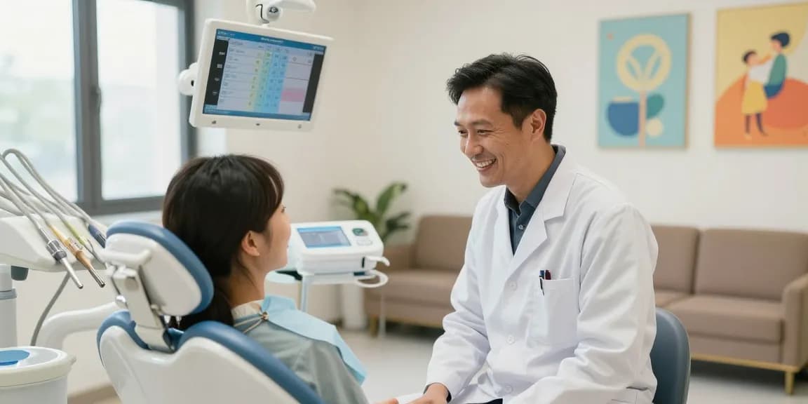 Friendly dentist interacting with a patient, discover more here for easy dental appointments.