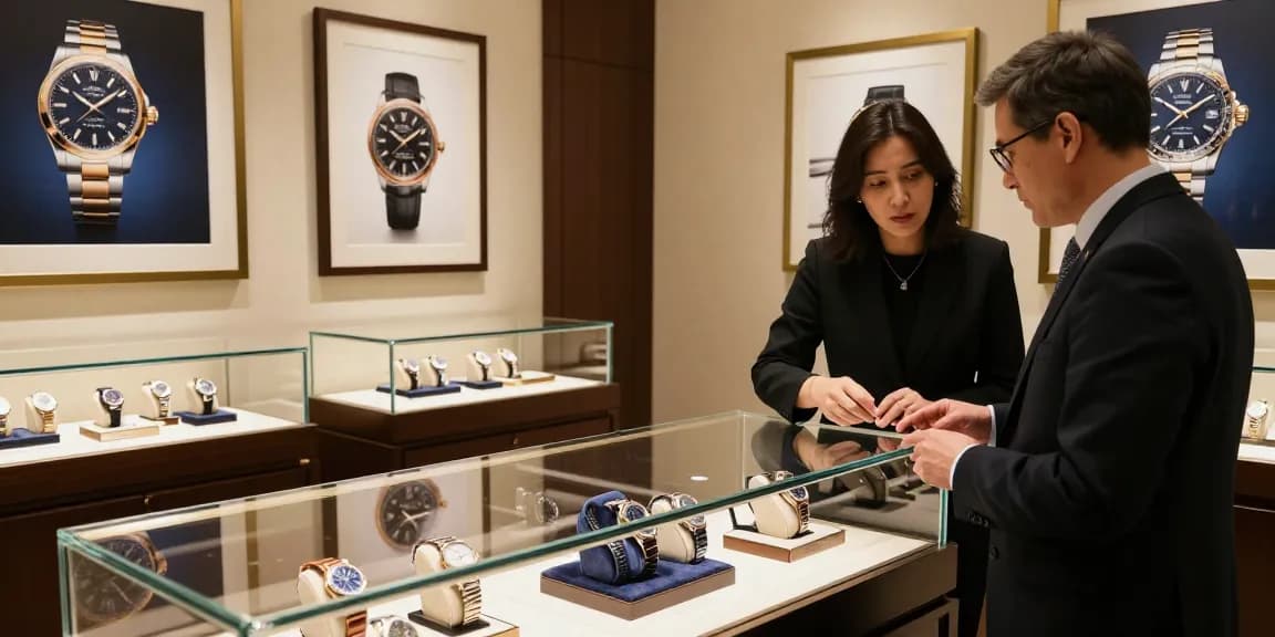 Explore exquisite clone watches showcased in an elegant boutique setting with ambient golden lighting.