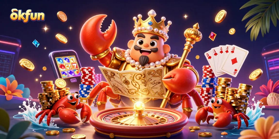 Spin the reels at okfun with a golden crab emperor amidst flying coins and vibrant casino elements.