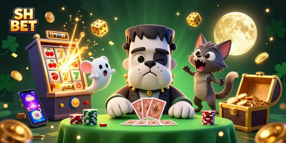 Play with SH BET at an exciting 3D casino scene featuring a Frankenstein bulldog and a treasure chest of winnings.