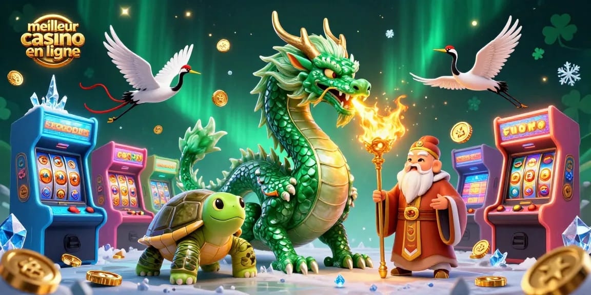 Profitez de la meilleure expérience de casino au meilleur casino en ligne, mettant en avant un dragon en jade et des éléments de jeu vibrants.