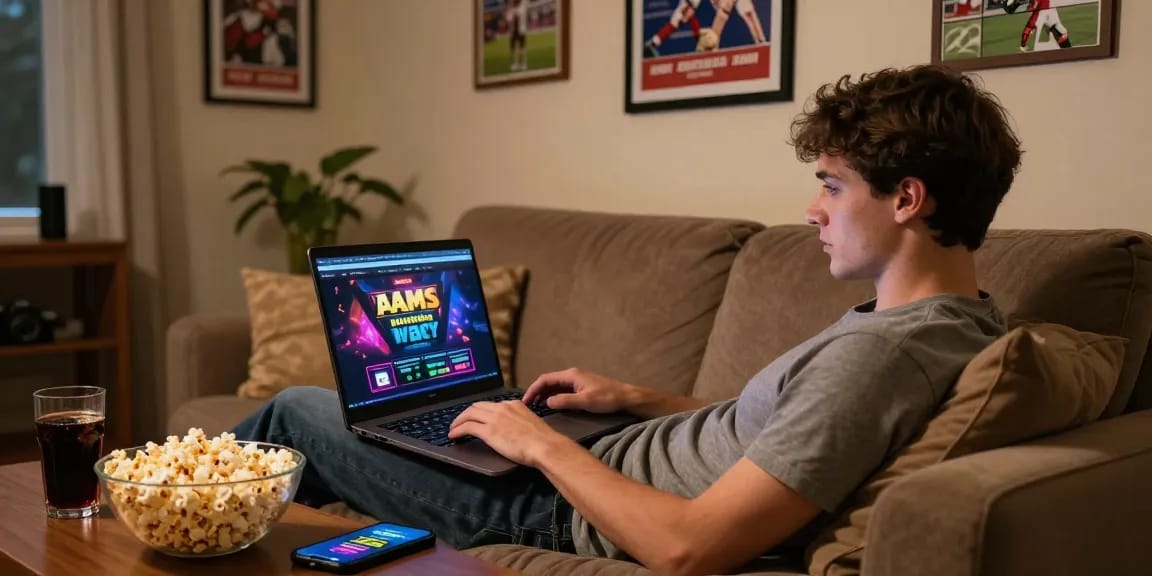 Siti non AAMS sicuri online gambling scene with young man gaming at home, cozy atmosphere.