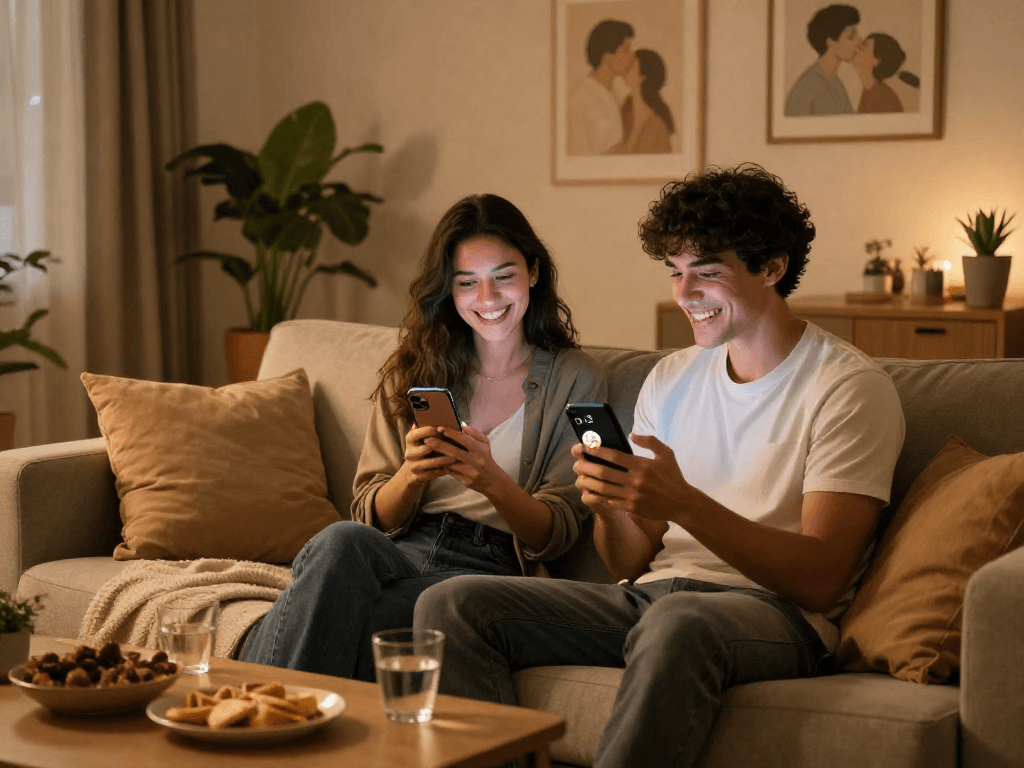 Couple enjoying free AI sex chat on smartphones in cozy living room.