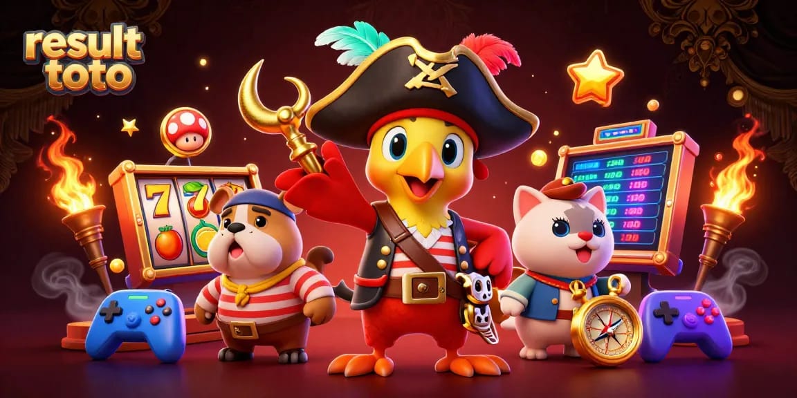 Experience thrilling results toto with vibrant slot machines and 3D cartoon characters in this captivating scene.