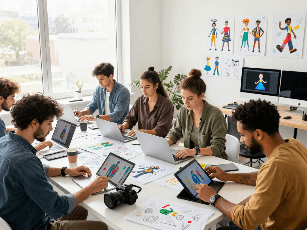 Creative workspace with diverse artists collaborating on digital designs, showcasing ai sluts in character creation.