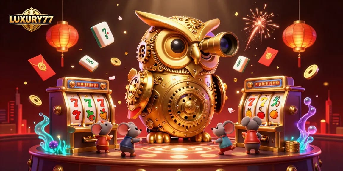Permainan slot menang dengan mesin slot dan LUXURY777 yang dikelilingi oleh koin emas dan karakter lucu.