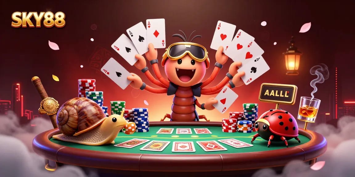 Experience thrilling gameplay at SKY88 with a dynamic illustration showcasing a deal by a lively millipede dealer.