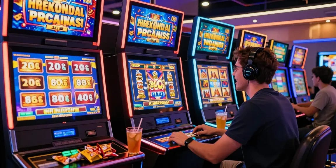 Engaging scene of a player enjoying slot games with colorful graphics at an online casino.