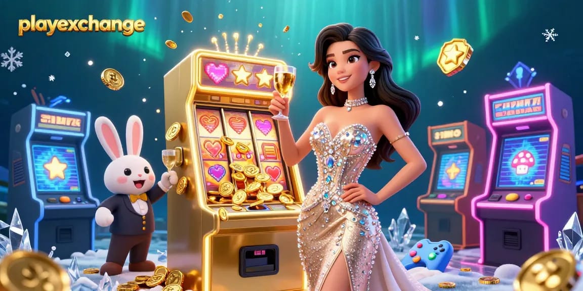 Experience big wins with playexchange, featuring a dazzling woman celebrating beside a jackpot slot machine.