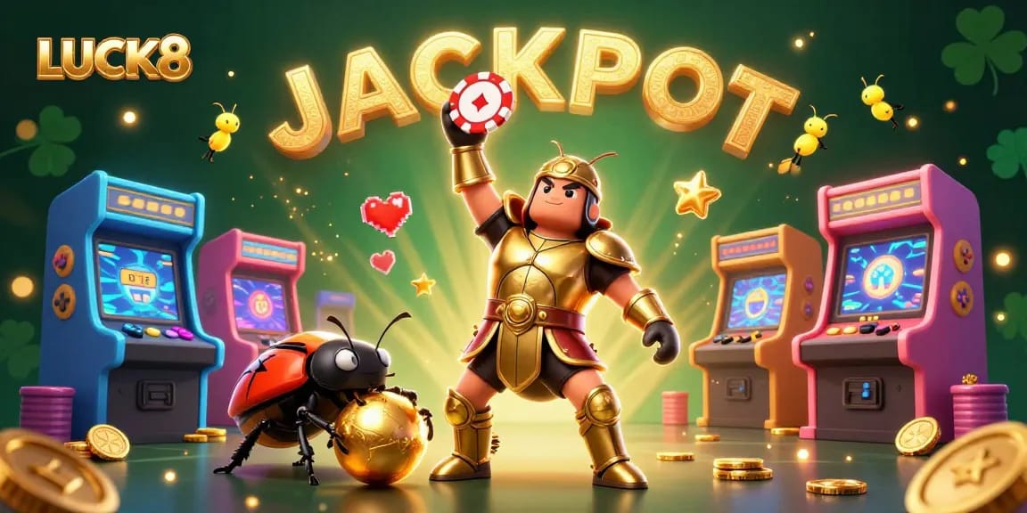 LUCK8 logo displayed over a vibrant 3D casino-themed illustration showcasing characters celebrating a big win.