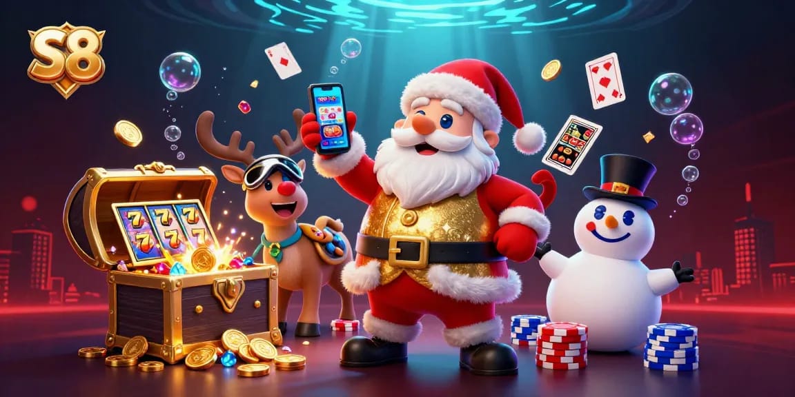 S8 players hit the jackpot with friendly Santa Claus and casino-themed magic in a vibrant illustration.