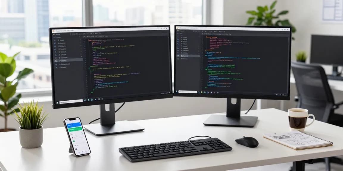 Dynamic workspace showcasing Snipaste官网 features with developer and dual monitors.