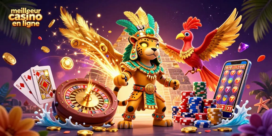 Jouez pour gagner à meilleur casino en ligne avec une scène de casino 3D vibrante mettant en vedette des personnages mayas et des éléments de jeu dynamiques.