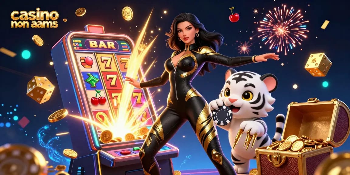Vivi l'emozione dei casinò non AAMS con una donna straordinaria e una tigre giocosa tra elementi di gioco vibranti.