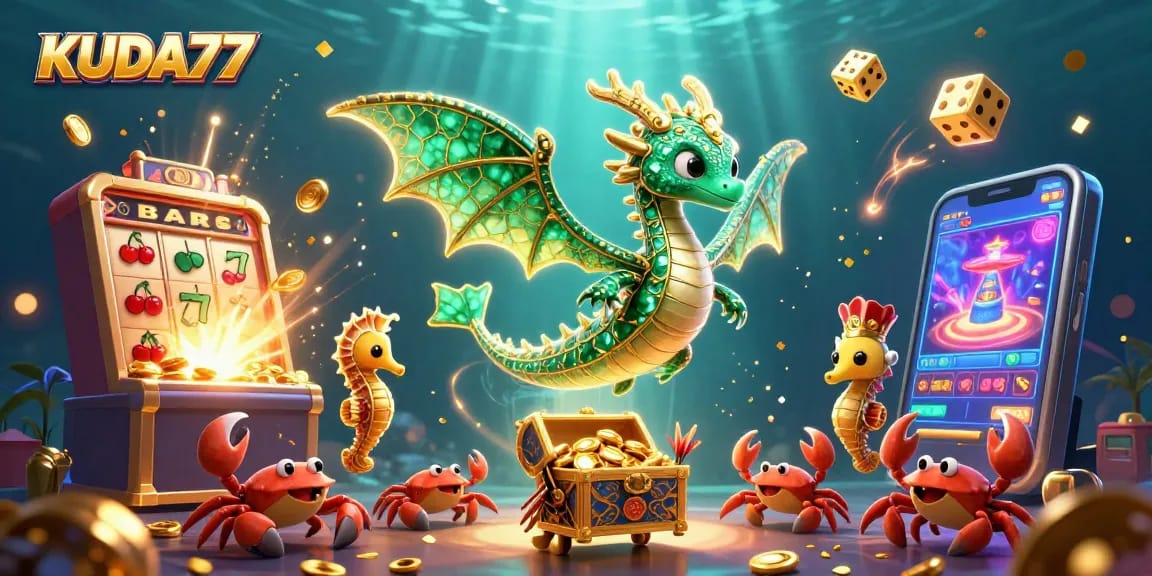 KUDA77 menghadirkan ilustrasi dinamis perangkap slot dengan naga laut dan peti harta karun.