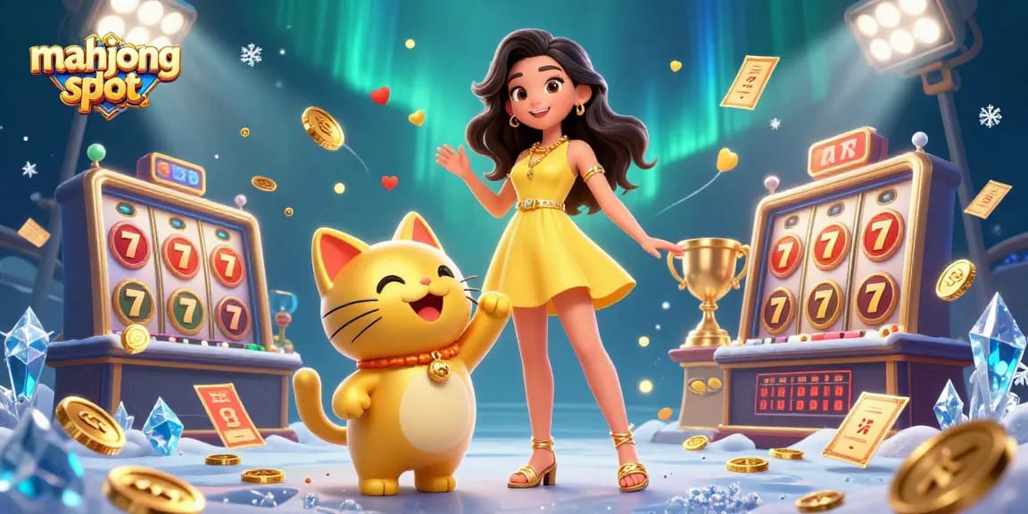 Engage with mahjong slot gameplay featuring a joyful Asian woman and a lucky cat mascot amidst vibrant casino elements.