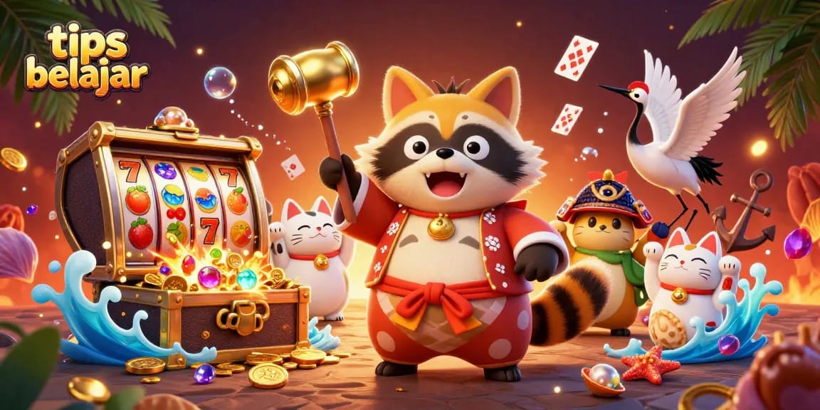 Engage in tips belajar with a cheerful tanuki and vibrant gambling elements in a lively casino scene.