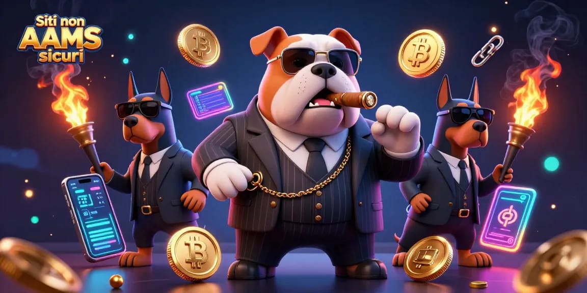 Siti non AAMS sicuri in mostra con un bulldog mafioso e bodyguard Dobermann in mezzo a elementi crypto.