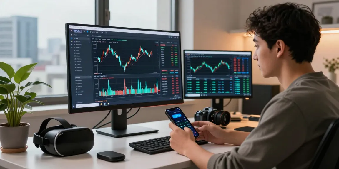 Engaged professional reviewing OKX reviews on multiple screens in a modern home office setting