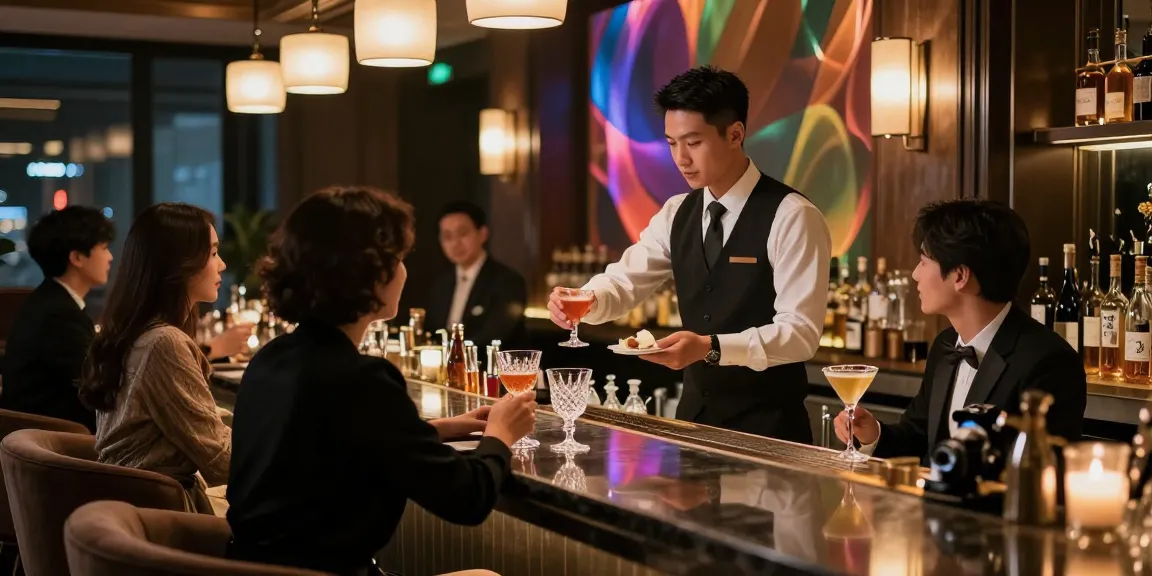 강남블랜딩 분위기 좋은 고급 바 내부, 프리미엄 음료와 세련된 서비스 제공