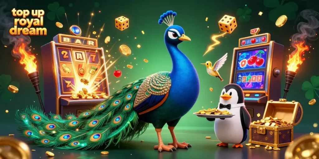Top up royal dream dengan koin emas dalam ilustrasi kasino 3D, menunjukkan angsa dan penguin.